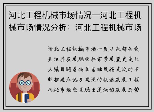 河北工程机械市场情况—河北工程机械市场情况分析：河北工程机械市场：发展现状与前景展望